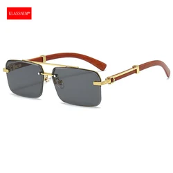 KLASSNUM Men Rimless Sunglasses Vintage Rectangle Lens With Imitation Wood Grain Legs Women Luxury Brand Designer Sun Glasses
