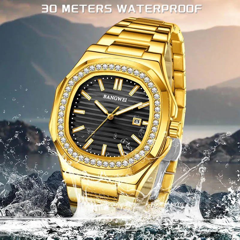 BANGWEI Square Gold Watch For Men Fashion Business Watch Men's Top Brand Luxury Sports Waterproof Luminous Quartz Men's Watches