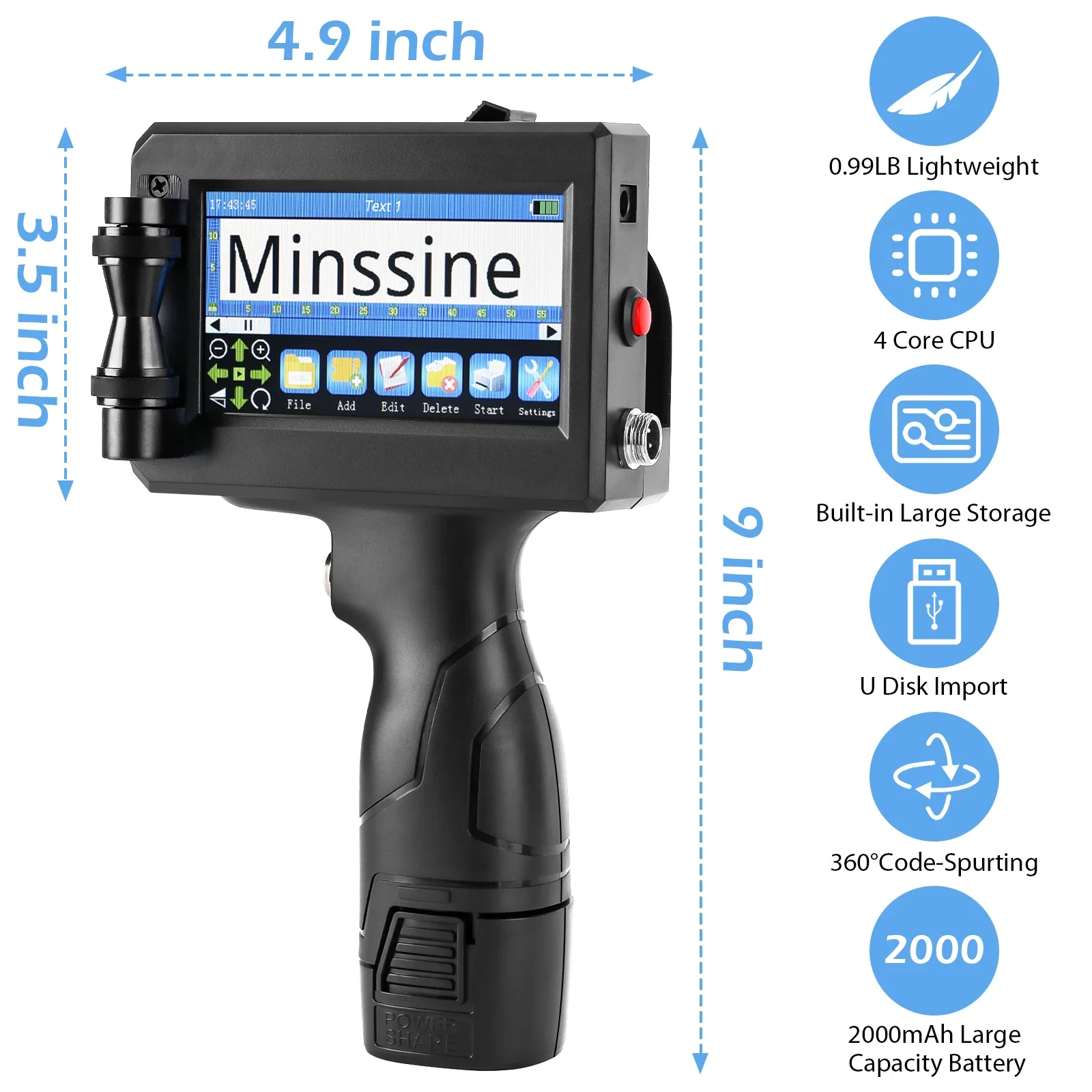 Portátil Handheld Inkjet Printer, QR Barcode, Número do lote, logotipo, data de validade Label Printer Gun, 25 idiomas, não criptografado, 12,7 milímetros