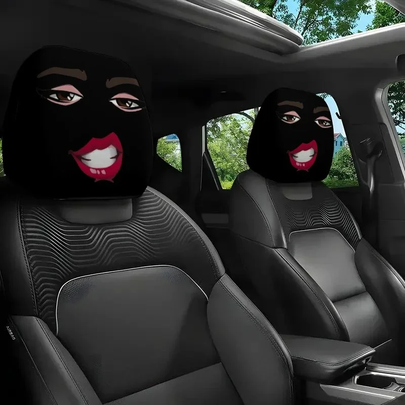 2pcs The Car Headrest Cover Features A 2d Printed Design with Red Lips and Dark Cartoon Style Its Both Fun and Practical
