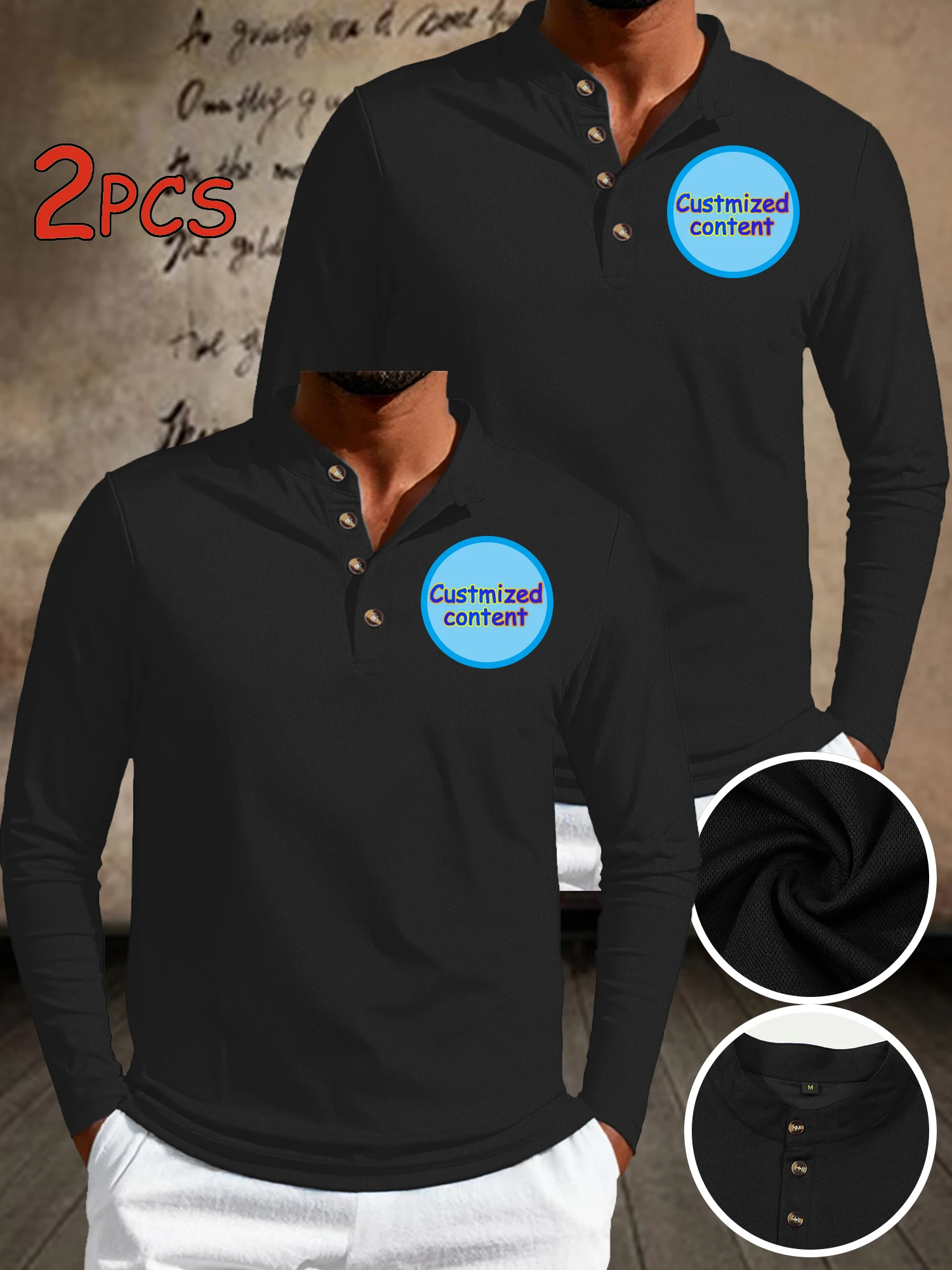 Comfortable and breathable polo shirt with long sleeves, can DIY chest print pattern, 2PCS, can be gifted to friends and family