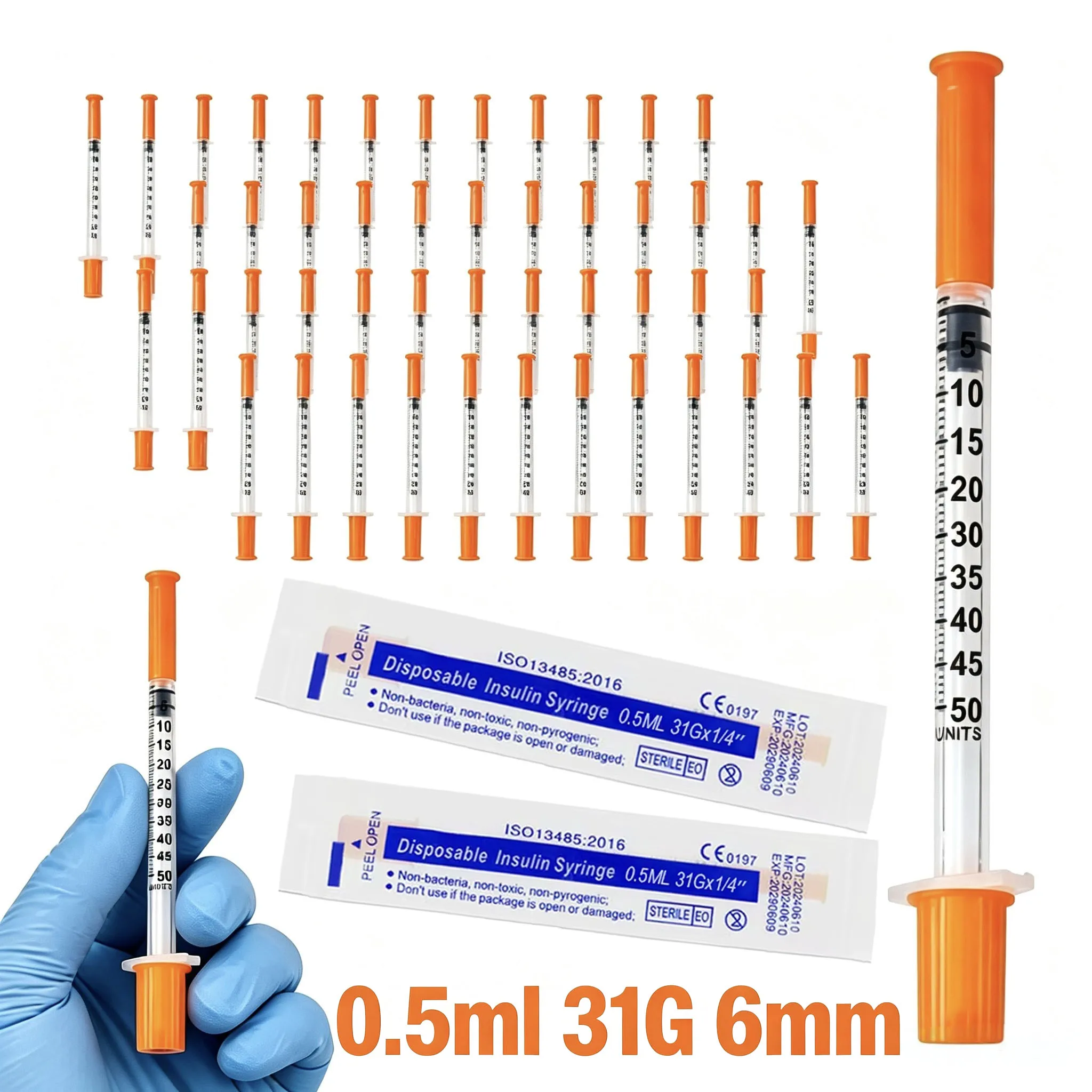 100PCS/box 0.5ml 31G 6mm New Spec Plastic Manual Insulin Syringe Individually Wrapped for Pets Veterinary Use CE&ISO Certified