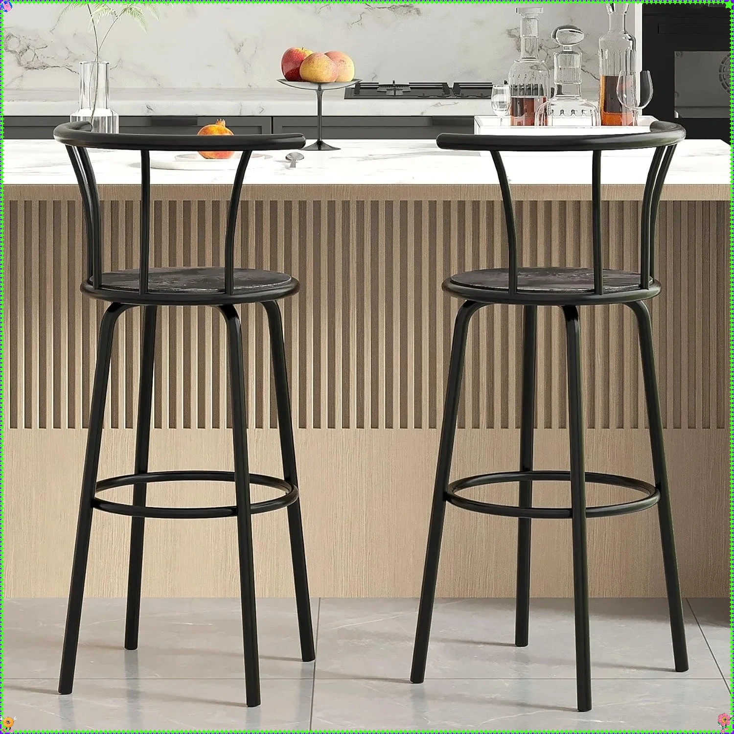 Juego de taburetes de bar de estilo industrial: 2 taburetes giratorios con altura de mostrador, sillas con respaldo vintage gris, fácil de montar para cafetería y bistró