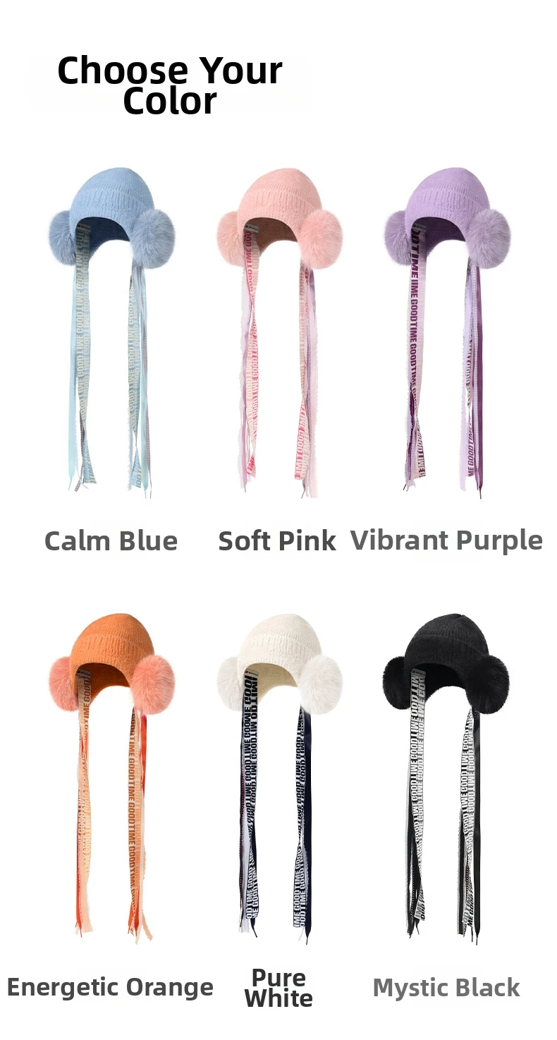 Winter Warm Knit Ski Hat With Fleece Interior Wind-Blocking Ear Flaps And Ribbon Flow Winter Outdoor Activities Parts