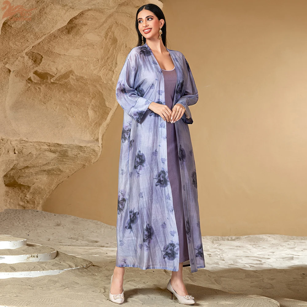 Dubajski Otwarty Kimono Abaja i Sukienka Wewnętrzna Muzułmański Zestaw 2-częściowy dla Kobiet Sukienka Eid Ramadan Abaja Islam Kardigan Arabski Długa Szata Codzienna