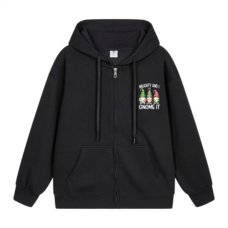 

Men's Zip-Up Hoodie Black Hoodie Black Hoodie With Gnome Pattern And Text Gnome It Christmas in 2025 Festive Print