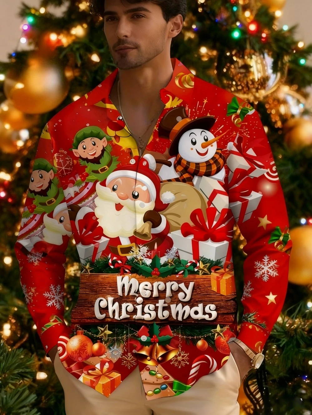 Christmas Festival Men's Shirts Funny Santa Claus 3D Print Graphic Long Sleeve Shirt Fashion Casual Loose Lapel Men's Clothing