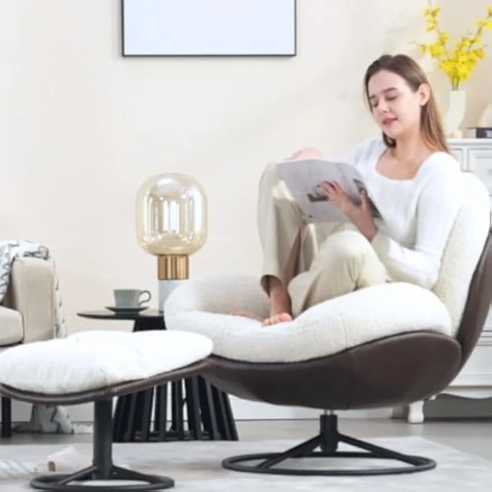 Osmanlı'lı Döner Sherpa Vurgulu Sandalye, Ayak dayamalı Orta Yüzyıl Şezlongu, 360 Derece Metal Tabanlı Rahat Okuma Koltuğu