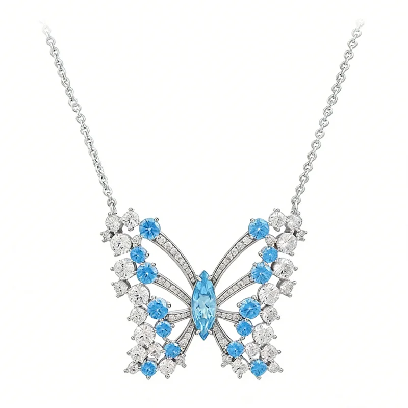 CAMEO Pendant Chain 925 Silver Synthetic Zircon Sapphire Marquise-cut Blue Butterfly Necklace Light Luxury Jewelry