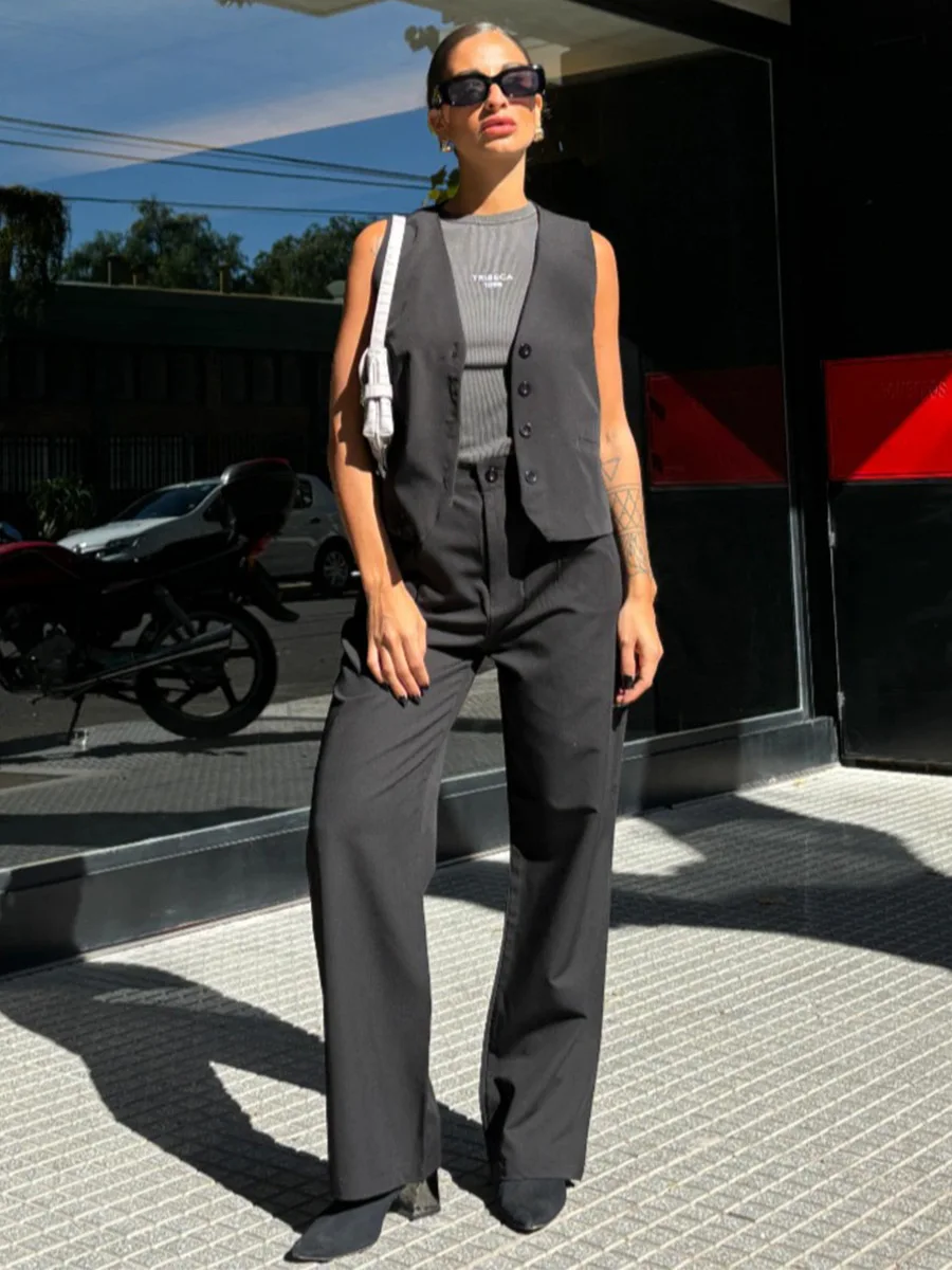 

Wolfeel 2026, новые летние женские майки без рукавов, топ с v-образным вырезом, длинные брюки, комплект офисных женщин, свободный повседневный костюм из двух предметов