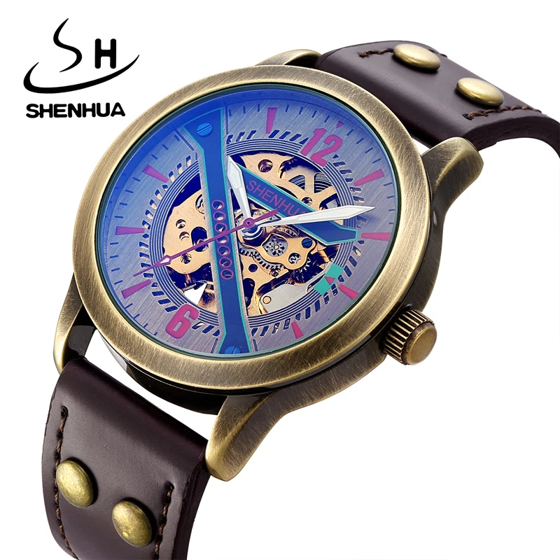 SHENHUA Retro Bronze Man's Automatic Mechanical Watch Luxury Skeleton Steampunk Waterproof Men Wristwatch