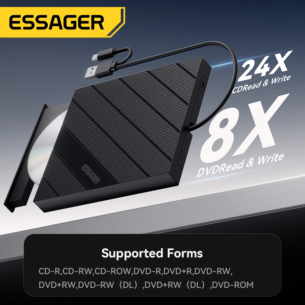 Essager 2 in 1 외장 CD/DVD 버너 광학 드라이브 USB-A/Type-C DVD RW CD 라이터 리더 플레이어 휴대용 레코더 (노트북 PC용)