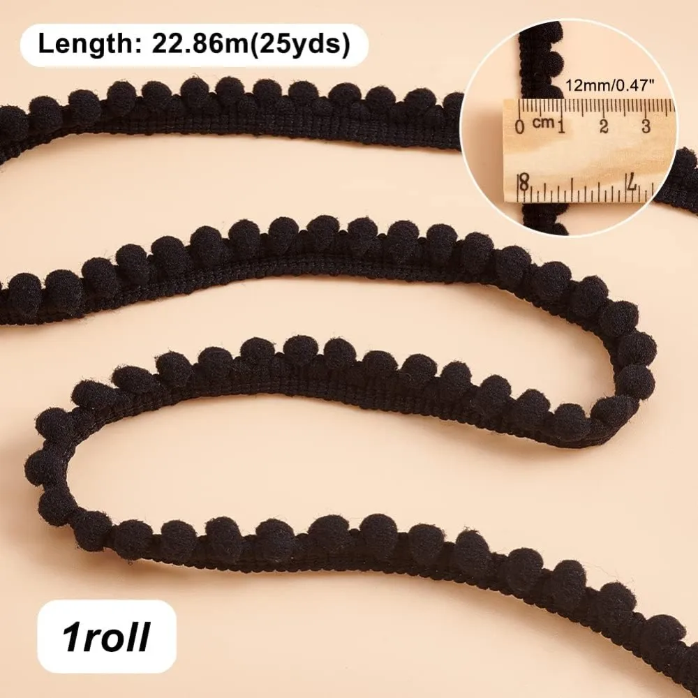 25 Yards Pom Poms Balls Fringe Trim, 1/2 inch(12mm) Single Edge Ball Trim Fringe Black Sewing Ribbon Crafts Pompoms Tassel