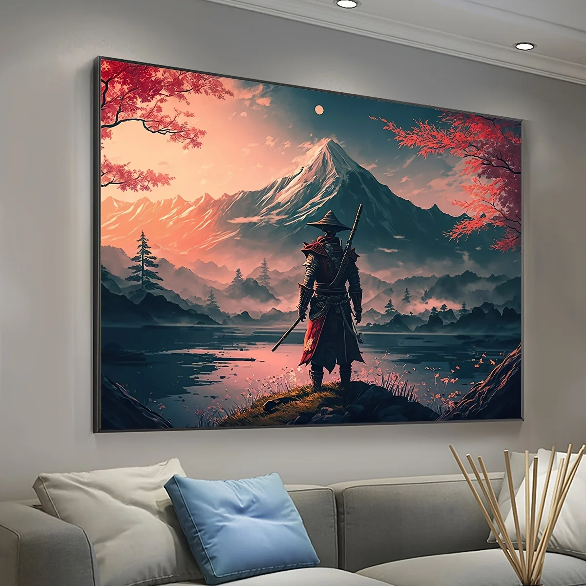 No Framed Anime-Inspired Canvas Poster, Snow Mountain & Lake Samurai Warrior Landscape Painting,  Canvas Wall Art, Artwork Wall
