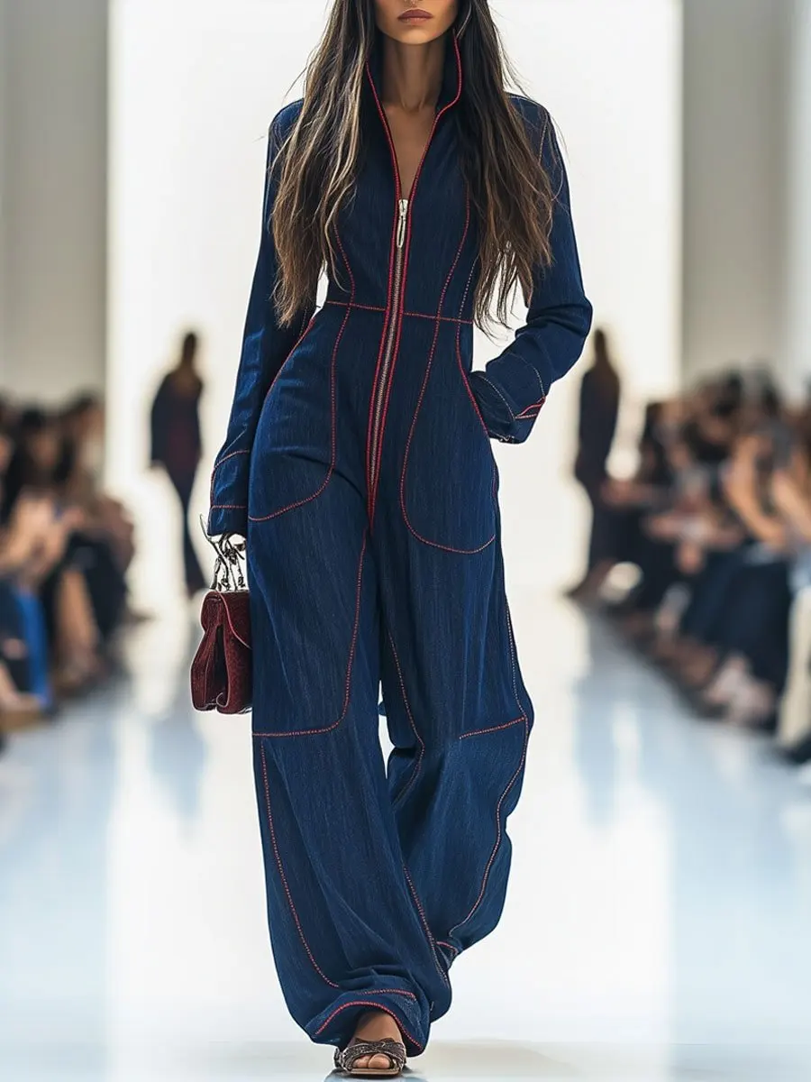 

New Fashion Casual Long Sleeve Turn-down Collar Zipper Solid Color Patchwork Slim Fit Pockets Floor-Length Jumpsuits