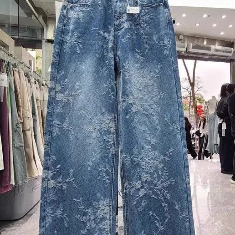 Kore Niş Jakarlı Geniş bacak Kot Kadın Yaz Pantolon Yeni Tasarım Sense Yüksek bel Rahat Düz bacak Kat uzunlukta Pantolon