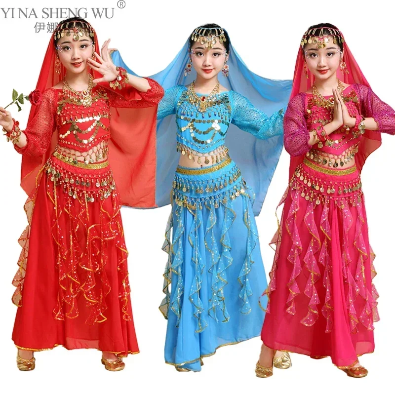 Disfraz de danza del vientre étnica india de Xinjiang egipcio para niños, vestido de manga larga para niñas y niños pequeños
