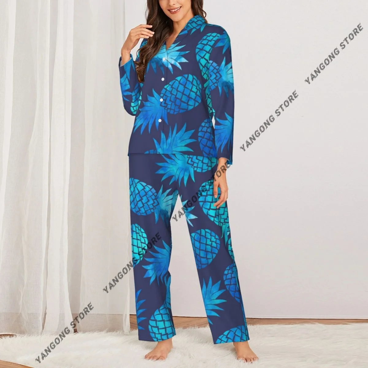Women's Pajamas Long-sleeved Girl Loungewear Two-piece Set Pineapple Pattern Exotic Fruit Watercolor Pajamas for Autumn Spring