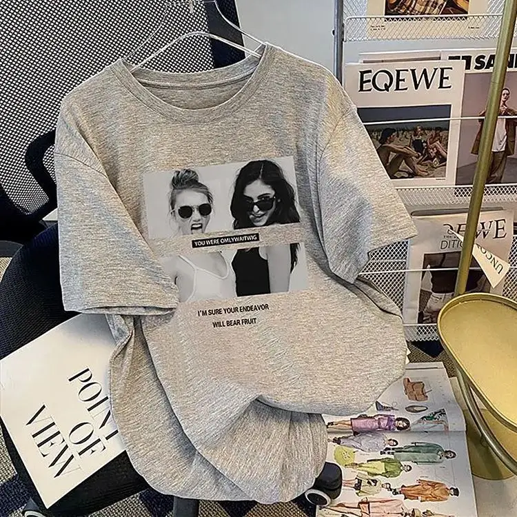 

Pure Cotton European and American Printed Short-sleeved T-shirts for Women, Loose and Plus-size Fashion Trend in Summer