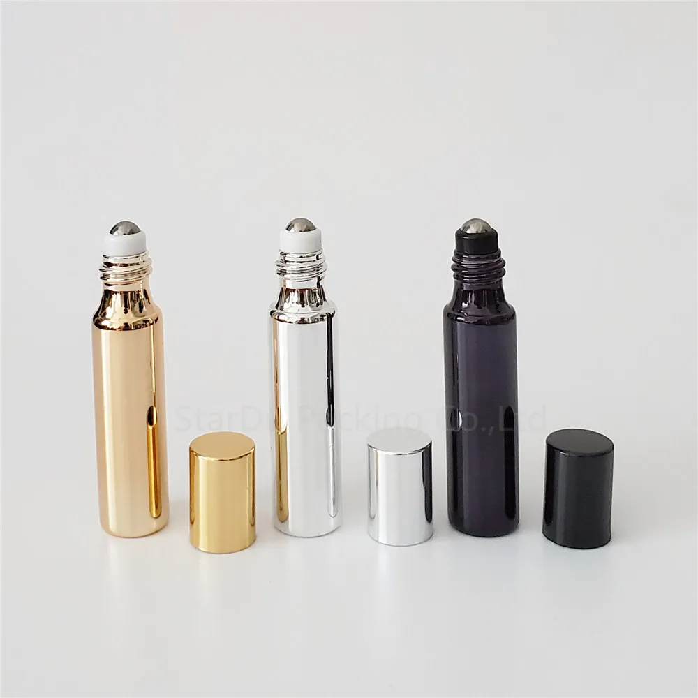 50pcs/lot 10ml gold/silvery Roll On Perfume bottle, 10cc Essential Oil Rollon bottles/ pearly-lustre Glass Roller Container