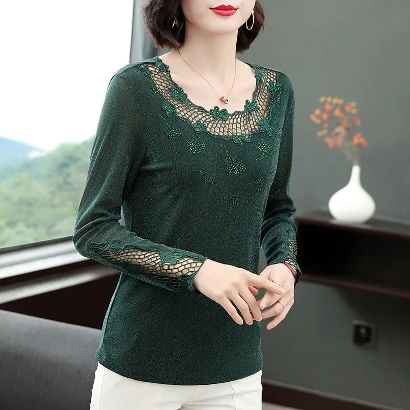 Spring and Autumn Women\'s Solid Color Splicing O-Neck Long Sleeve Slim Rhinestone Lace Hollow Out Pullovers Classic Trendy Tops