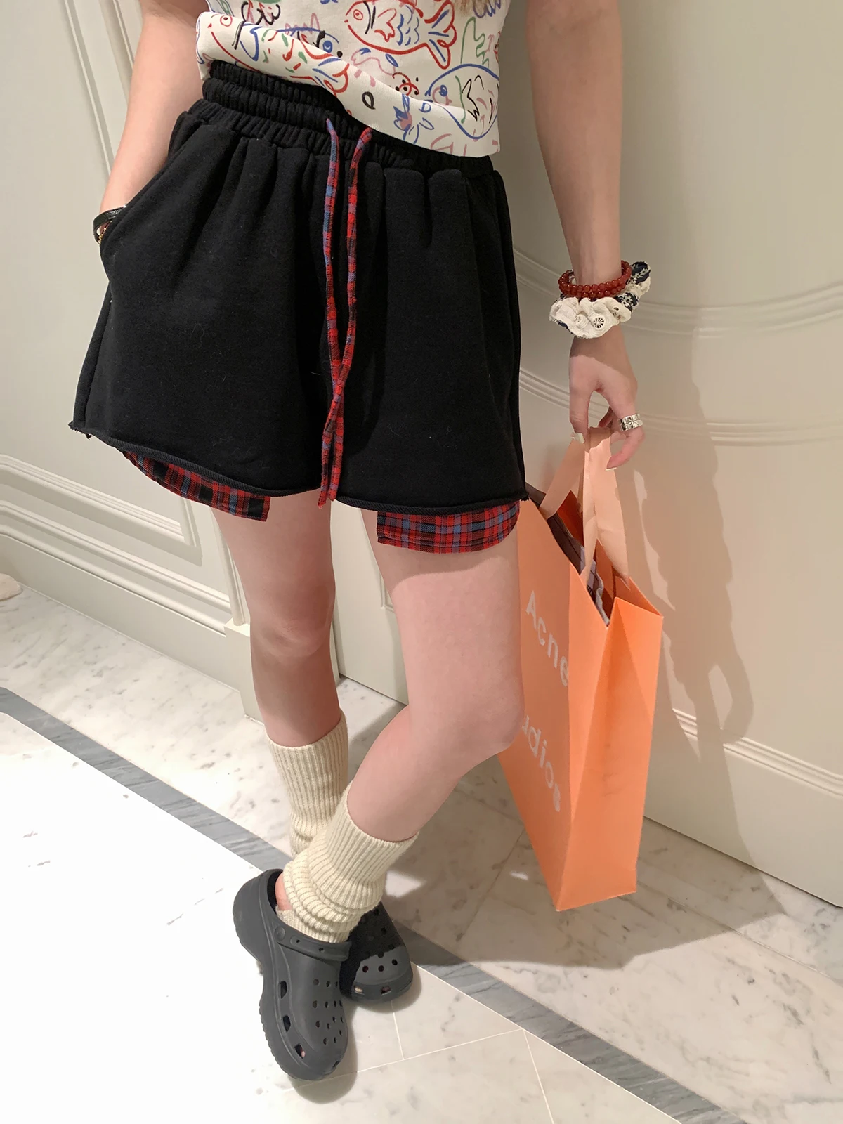 

Bla Plaid Cool Sweet Casual orts Anneop Patchwork Design Summer Five-Point Pants Korean Sle Straight Leg Polyester Fiber