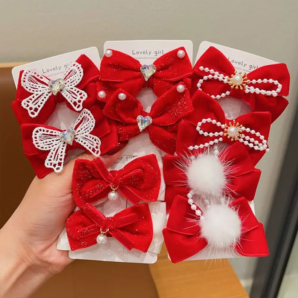 Lovely Plush Children Red Bow Hairpin Rabbit Cloth Chinese New Year Headwear Tang Suit Hair Clip Bowknot Hanfu Hair Sticks Girls