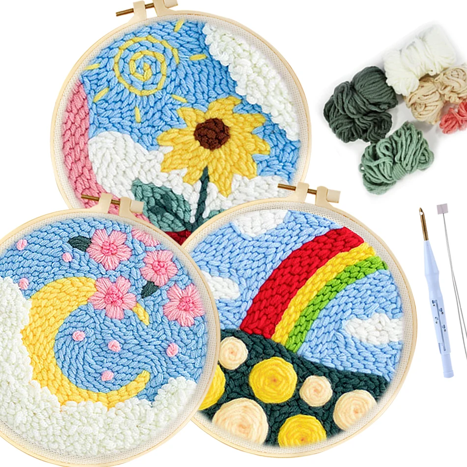 

20x20cm Easy Punch Needle Starter Kits Floral Punch Needle Embroidery Kit Soft Sewing Yarn Embroidery Diy Craft Kits Home Decor