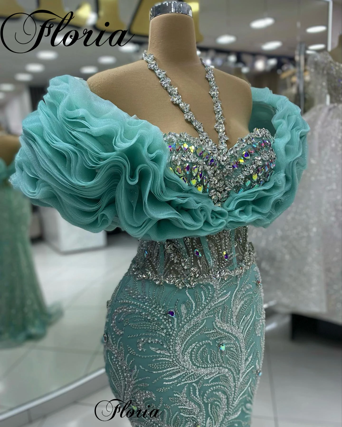 Mint Green Beaded Celebrity Dresses With Crystals Off Shoulder Sweetheart Opening Ceremony Dresses For Women Vestidos De Noche