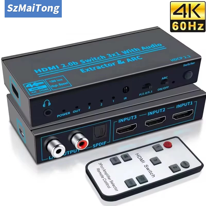 

4K 60 Гц HDMI-совместимый переключатель аудиоэкстрактор 3-в-1-выход HDMI аудиопереключатель с R/L + SPDIF + разъем 3,5 аудиопереключатель адаптер 3x1