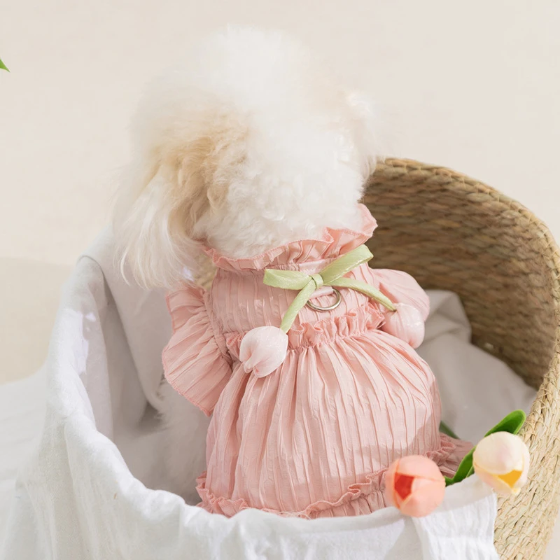 Dog Cat Dresses Tulip Pleated Pink Purple Spring Summer Princess Style Dresses Small Medium Puppy Bichon Teddy Bear Pet Clothes