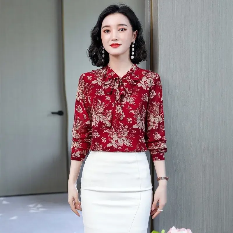 Floral Chiffon Blouse Spring Autumn New Long Sleeve Lacing Printing Plus Size Office Shirt Tops Vintage Elegant Women Clothing