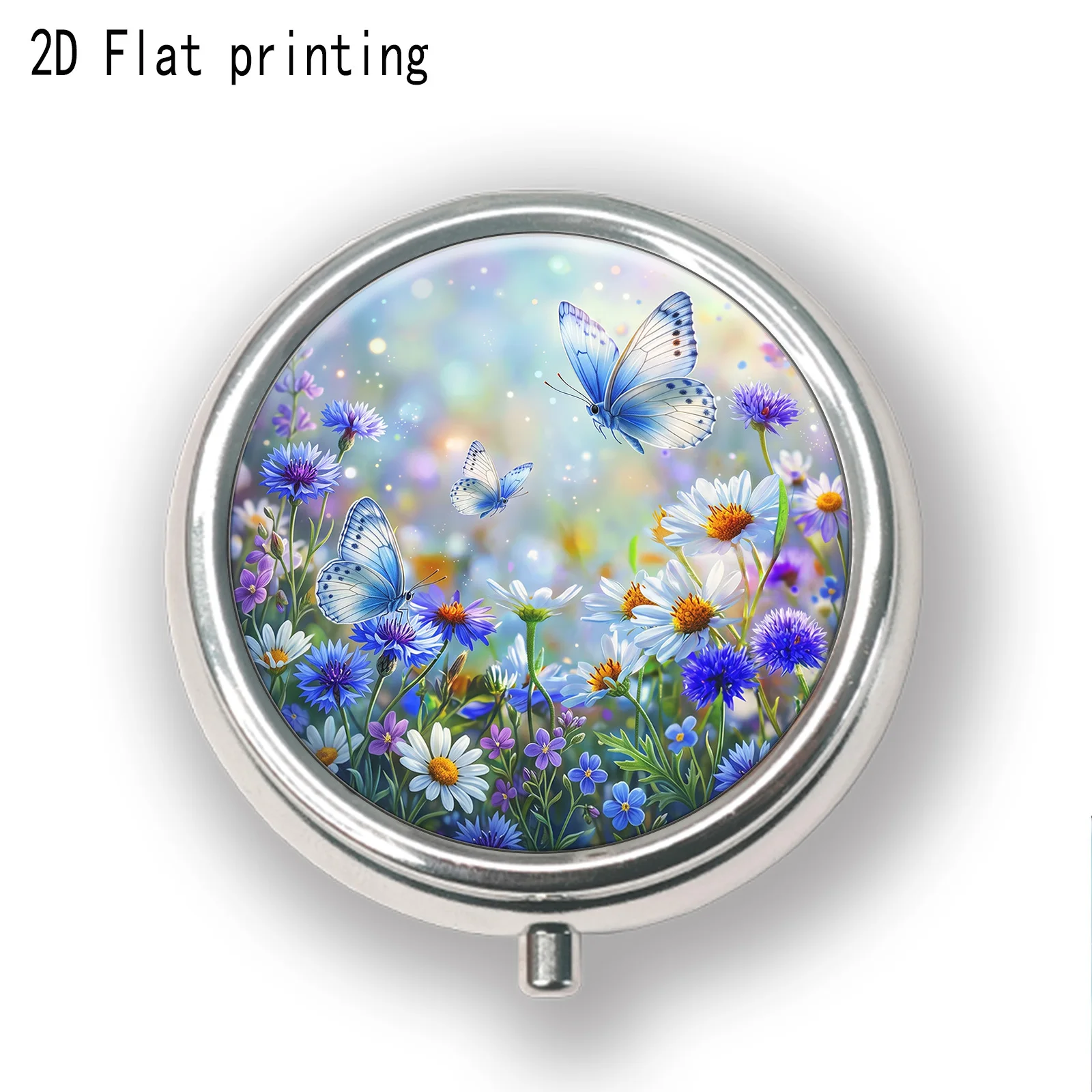 Single-Pack, Flat-Printed, Portable Mini Three-Compartment Pill Box, Soft Light Daisy Cornflower Blue Butterfly Fantasy Light Spot Floral Print, Travel Medicine Storage Box, Sealed and Moisture-Proof, Capsule Vitamin Organizer, Portable Small Pill Box