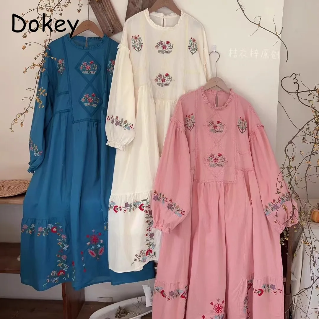 

Винтажное платье с вышивкой и круглым вырезом и длинными рукавами, женское осеннее японское хлопковое льняное платье-пуловер Mori Girl, свободное платье в богемном стиле
