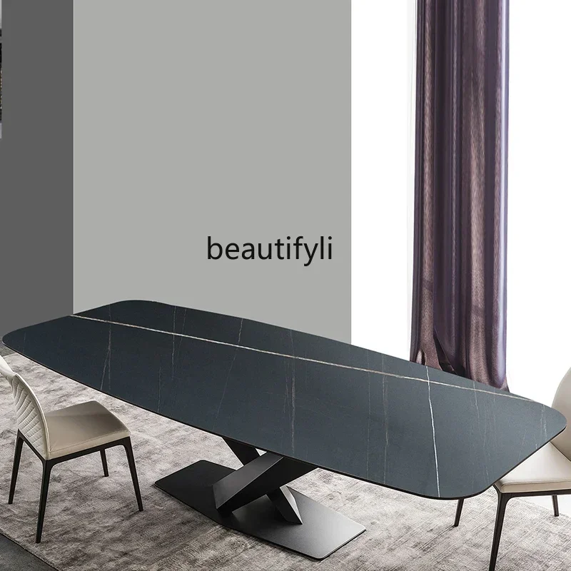 N178 Italian imported rock slab dining table and chair combination restaurant light luxury rectangular designer dining table9344