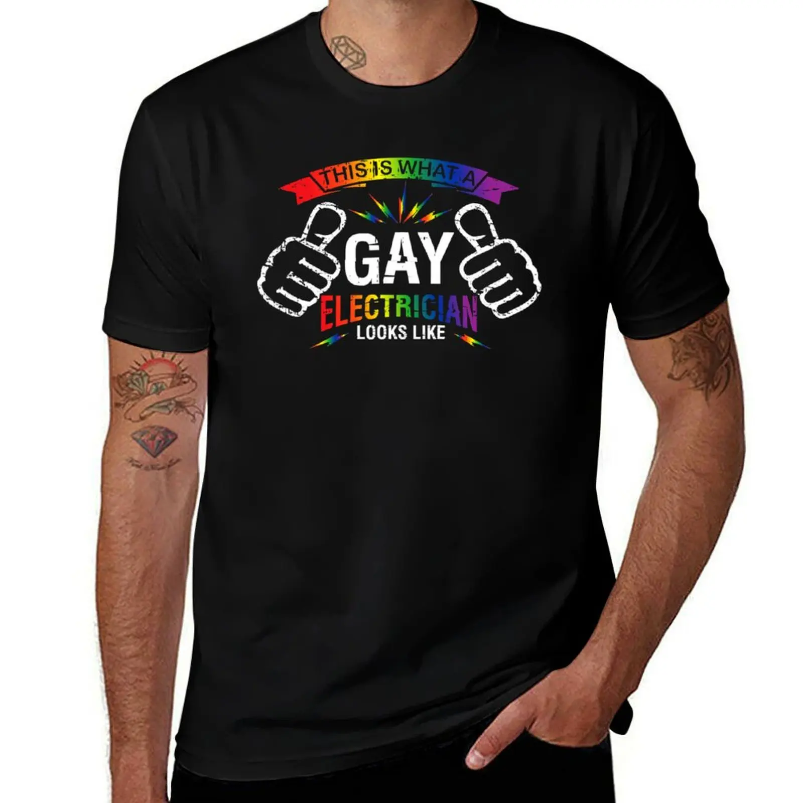 

Gay Electrician Pride Rainbow Flag T-Shirt vintage t shirts shirts graphic mens graphic t-shirts funny