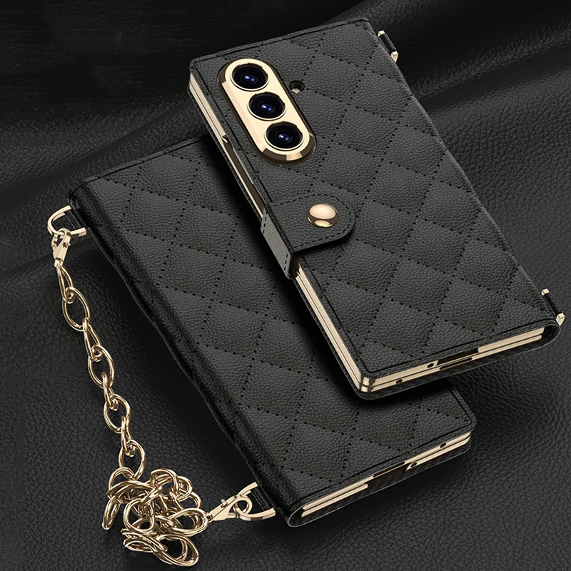 حافظة جلدية قابلة للطي بنمط الماس مناسبة لهاتف سامسونج جالاكسي Z Fold 7 Z Fold6 Z Fold5 Z Fold4 Z Fold3، حافظة هاتف عصرية على شكل سلسلة شانيل