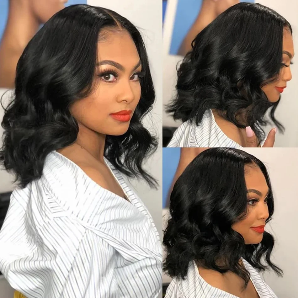 Body Wave Short Bob Lace Wig 13X4 Transparent Lace Front Wig 100% Human Hair Lace Frontal Human Hair Water Wave 200% dla kobiet