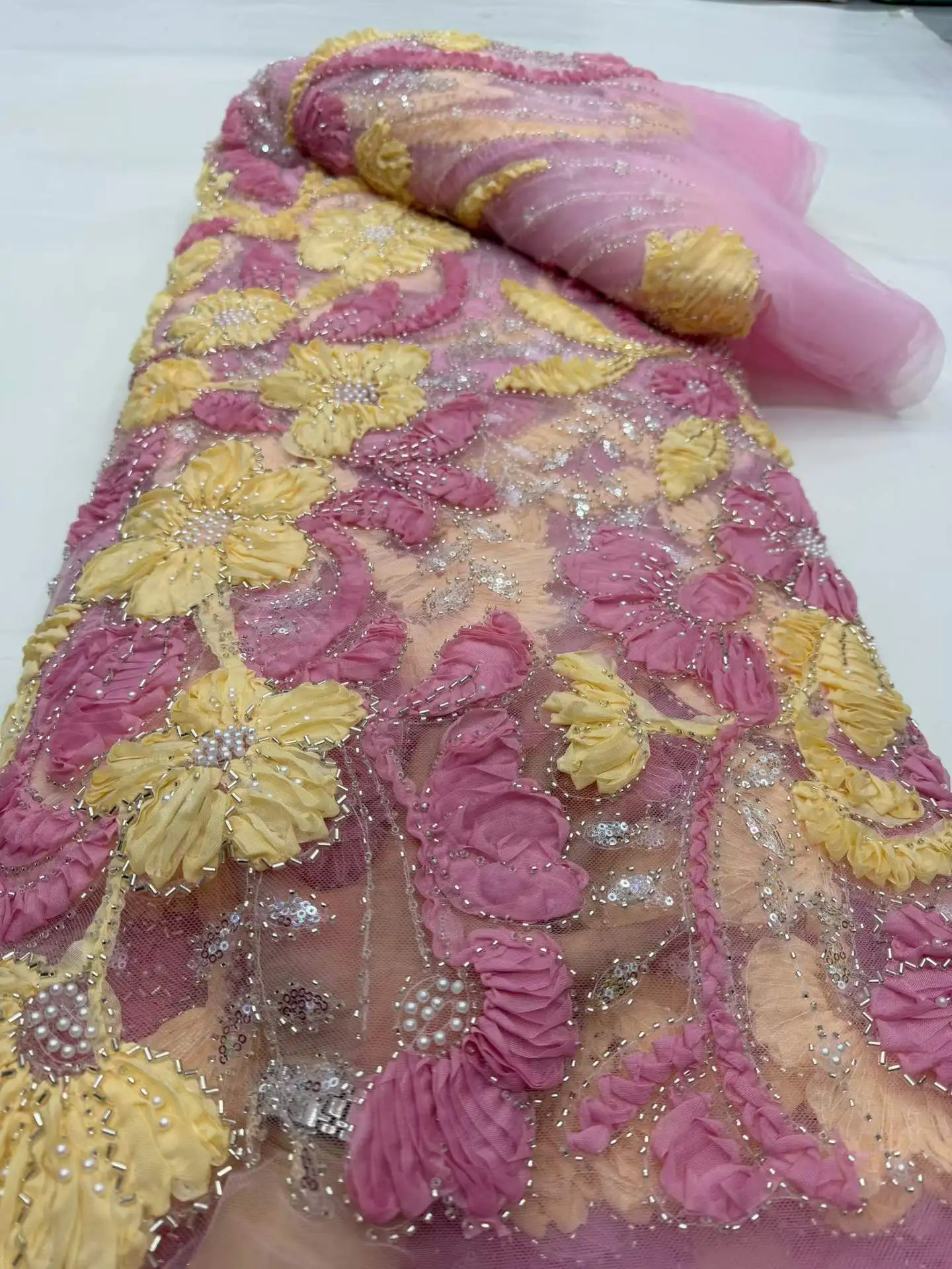 

Luxury Pink 2026 High Quality French Tulle Net Sequins Lace Fabric African Lace Fabric 5 Yards For Nigeria Wedding Party Dress