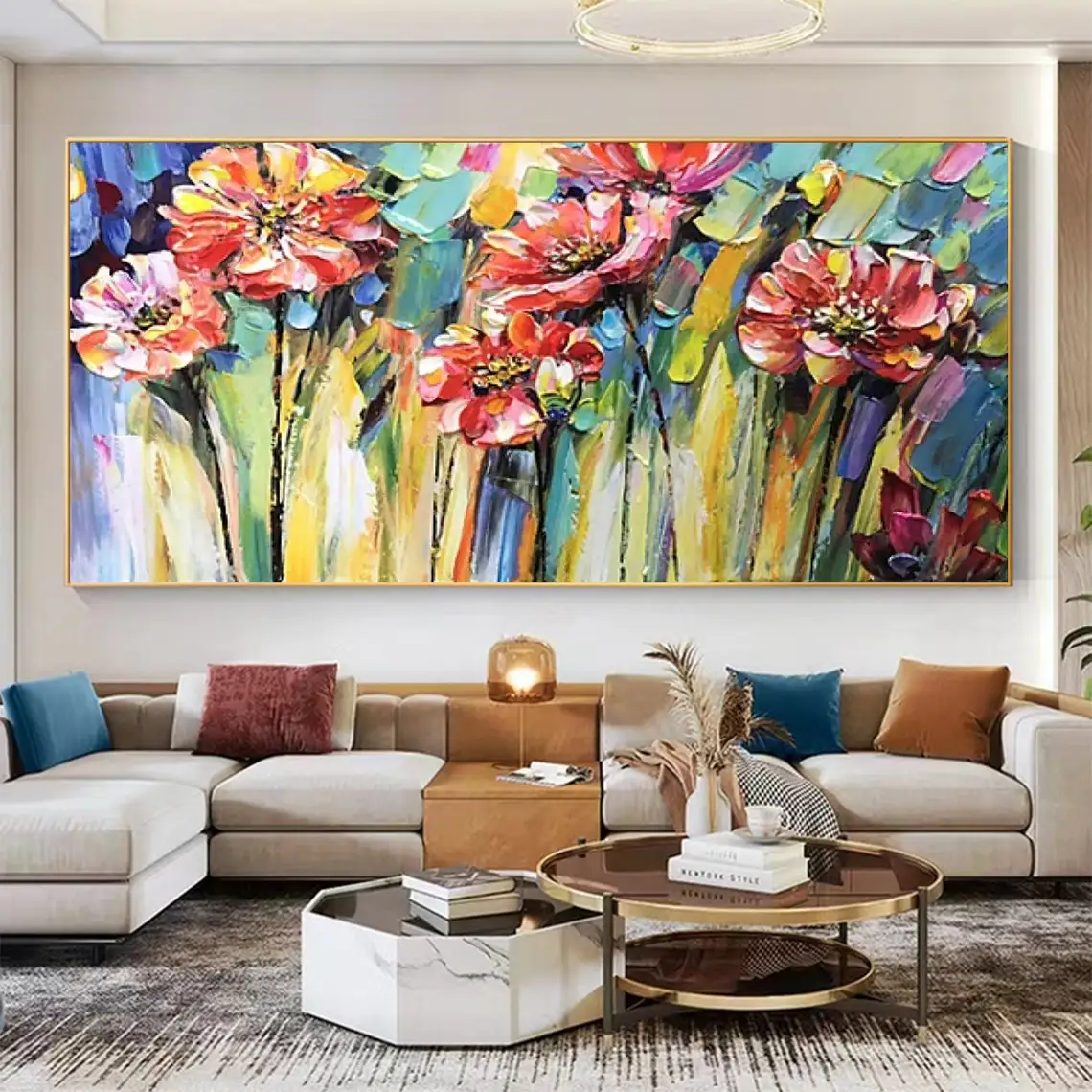 Pink Blossom Abstract Canvas Hand Painted Oil Painting Wall Art Texture Flowers Colorful Knife Painting Modern Home Decoration