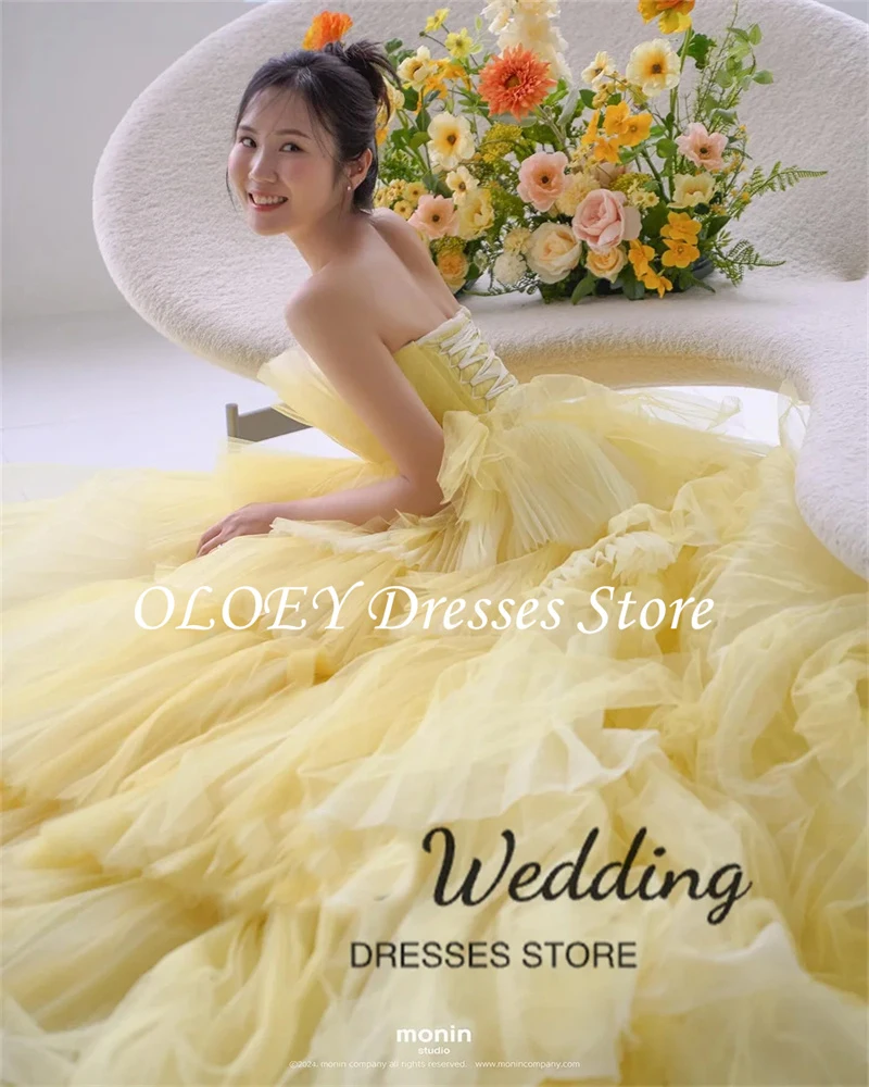 OLOEY Princess Yellow Wedding Dresses A-line Strapless Tiered Tulle Bridal Gown Customized Lace-up Korea Photo Shoot Party