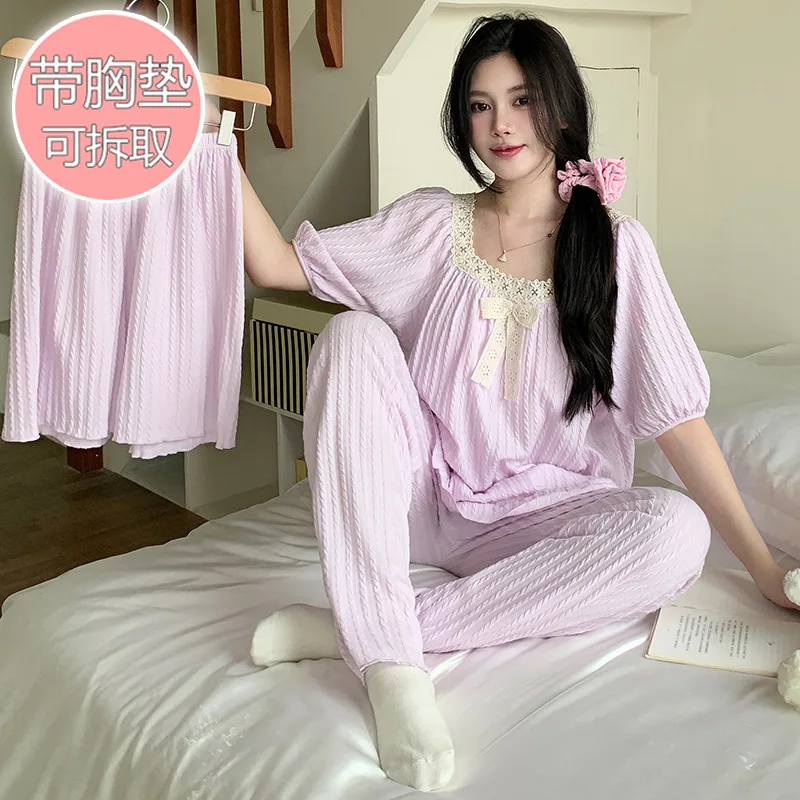 

Plus Size 3 Pcs Pajamas Set Women's Princess Style Short Pjs Short-sleeved Trousers Shorts Sleepwear Three-piece Loungewear