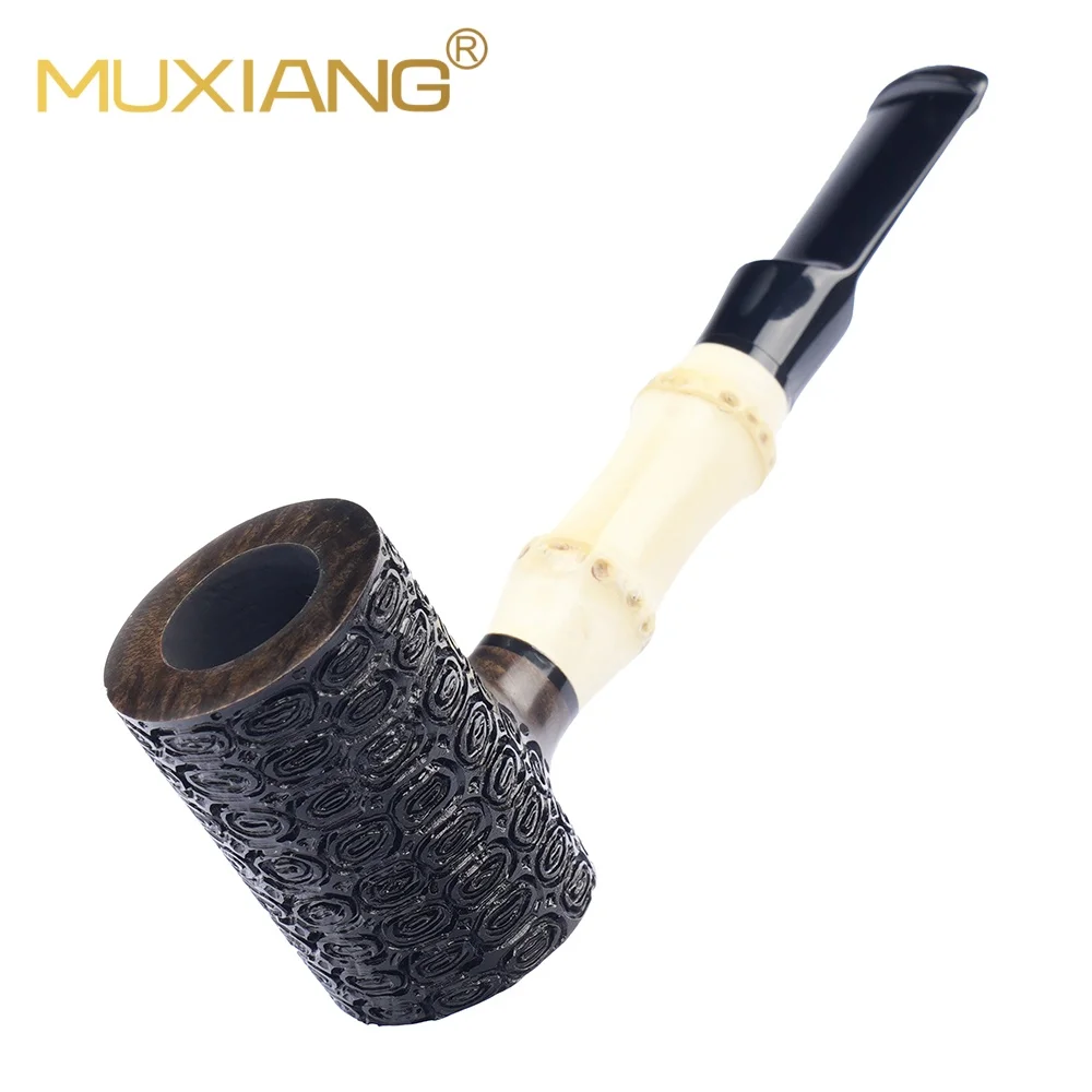 MUXIANG Tobacco Pipe Briar Wood Hammer Smooth Sandblasted Carved Poker 3mm Flue White Bamboo Gift for Men