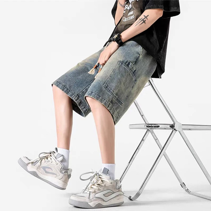 

Summer Y2K Vintage Baggy Cargo Jorts For Men 2025 New High Street Straight Denim Shorts Casual Washed Multi-pocket bermudas
