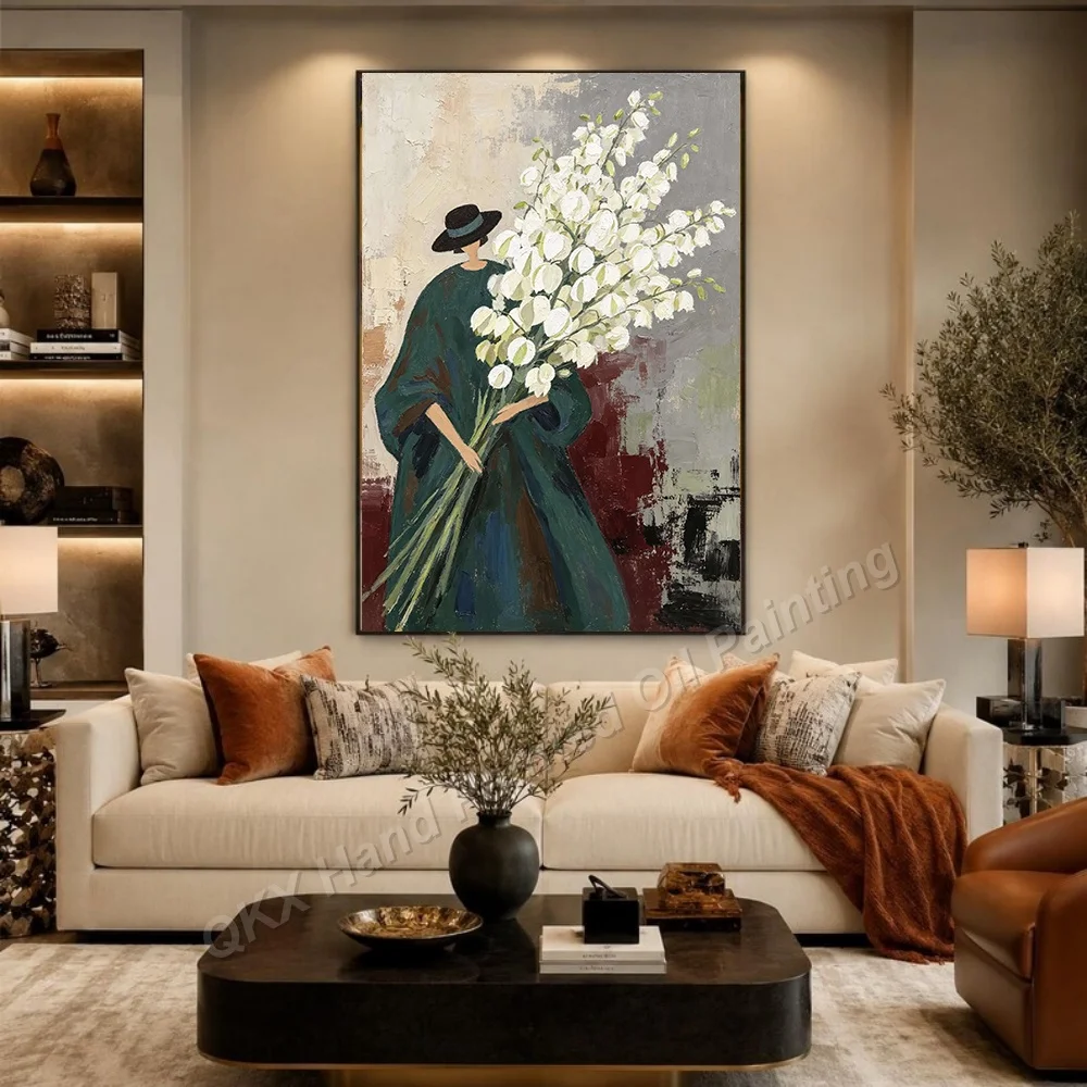 100% Handmade Abstract Oil Painting Original Wall Art Large For Home Living Room Decor, Retro Woman Flower Figure Canvas Art