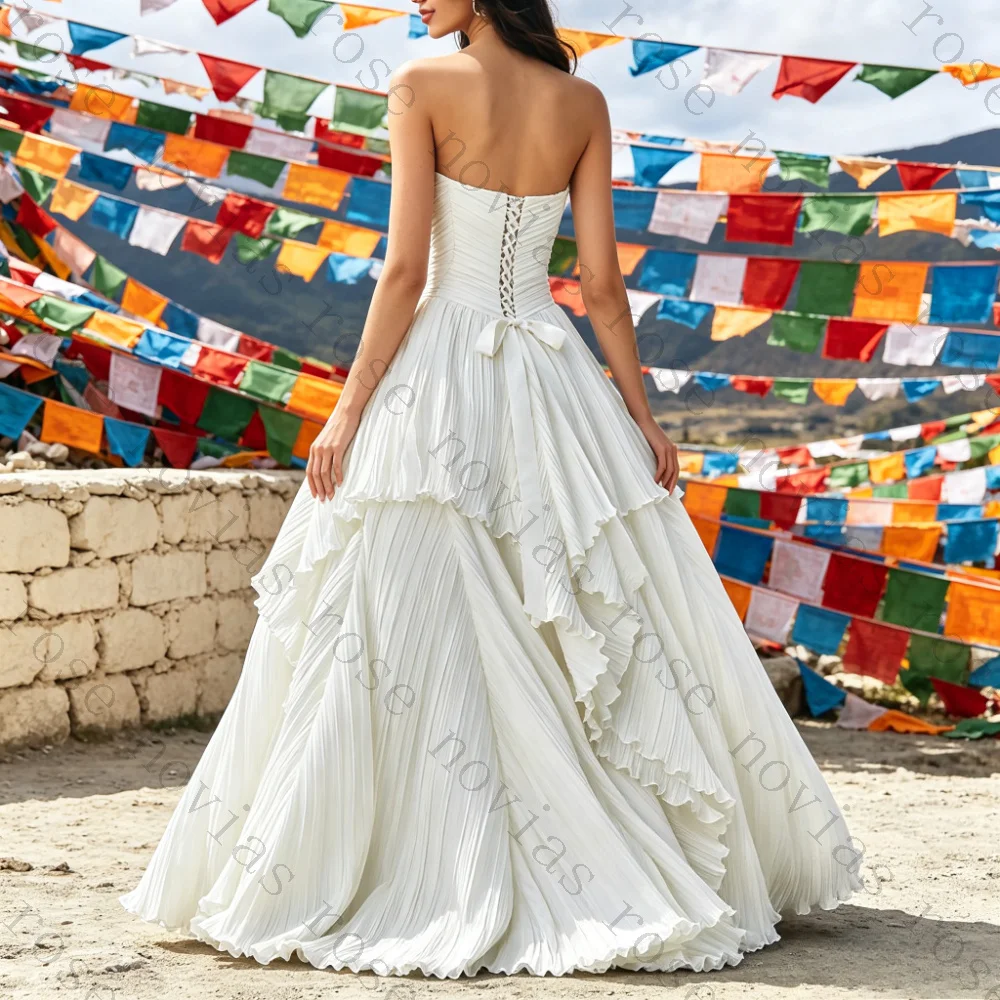 Customized Strapless Pleated Chiffon Ballgown Wedding Dress Corset Lace Up Tiered Ruffle Skirt Chapel Train Bohemian Bridal Gown