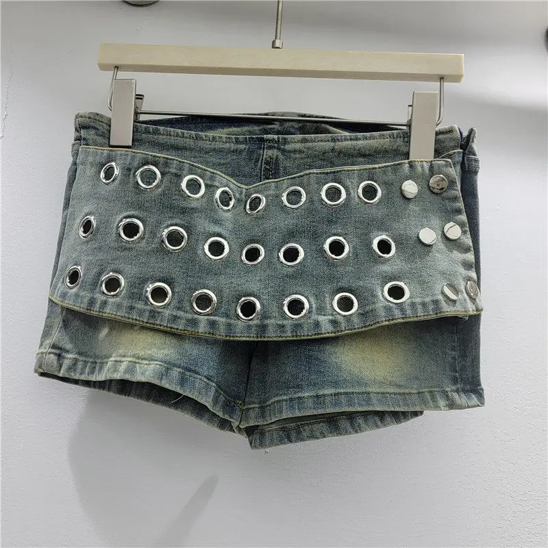 Spicy Girls Style Women's Hot Pants Summer Personalized Slim Denim Shorts Low-rise Vintage Blue Shorts with Metal Grommets