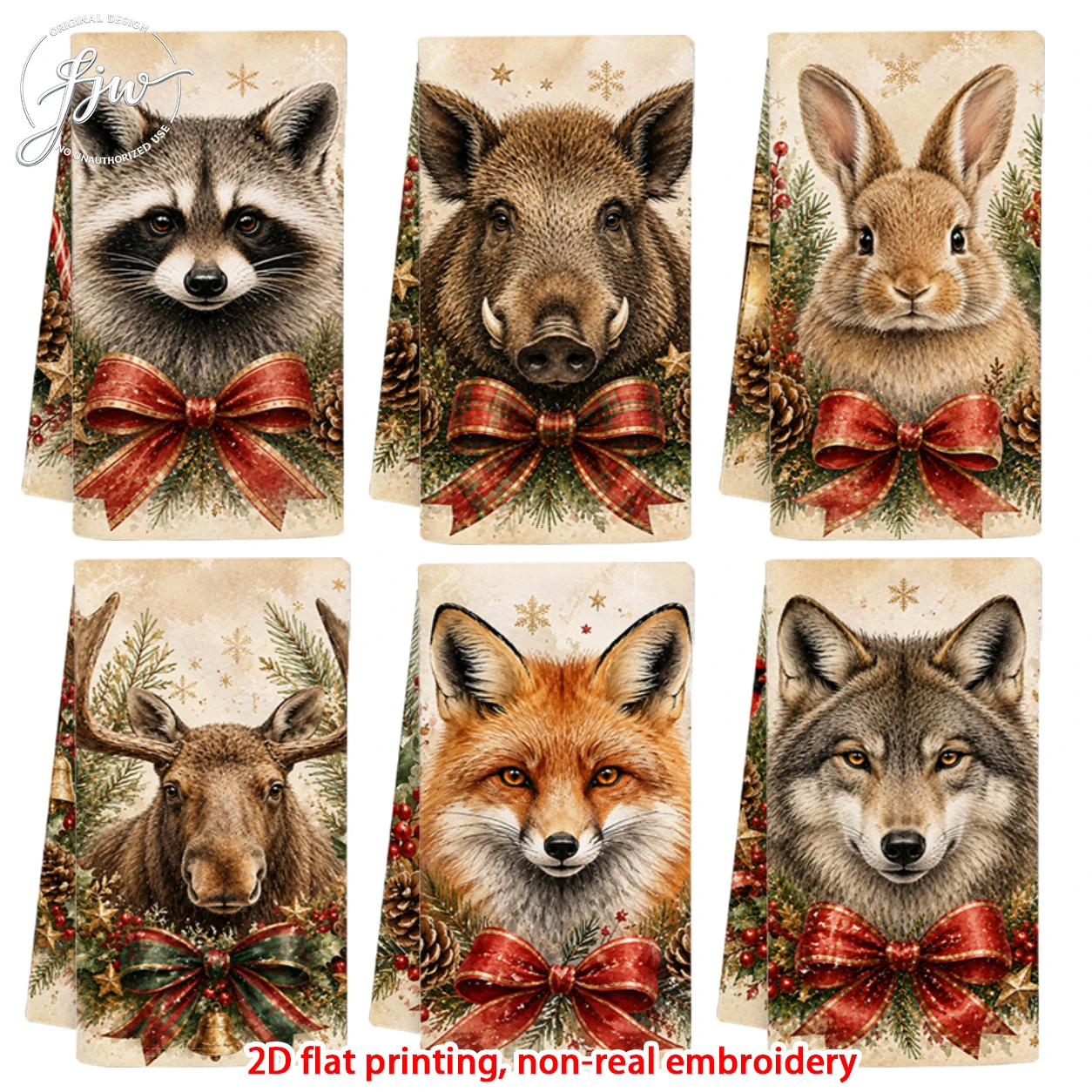 6pcs Christmas Vintage Forest Animal Kitchen Towels Rustic Winter Holiday Dish Towels for Xmas Home Decor