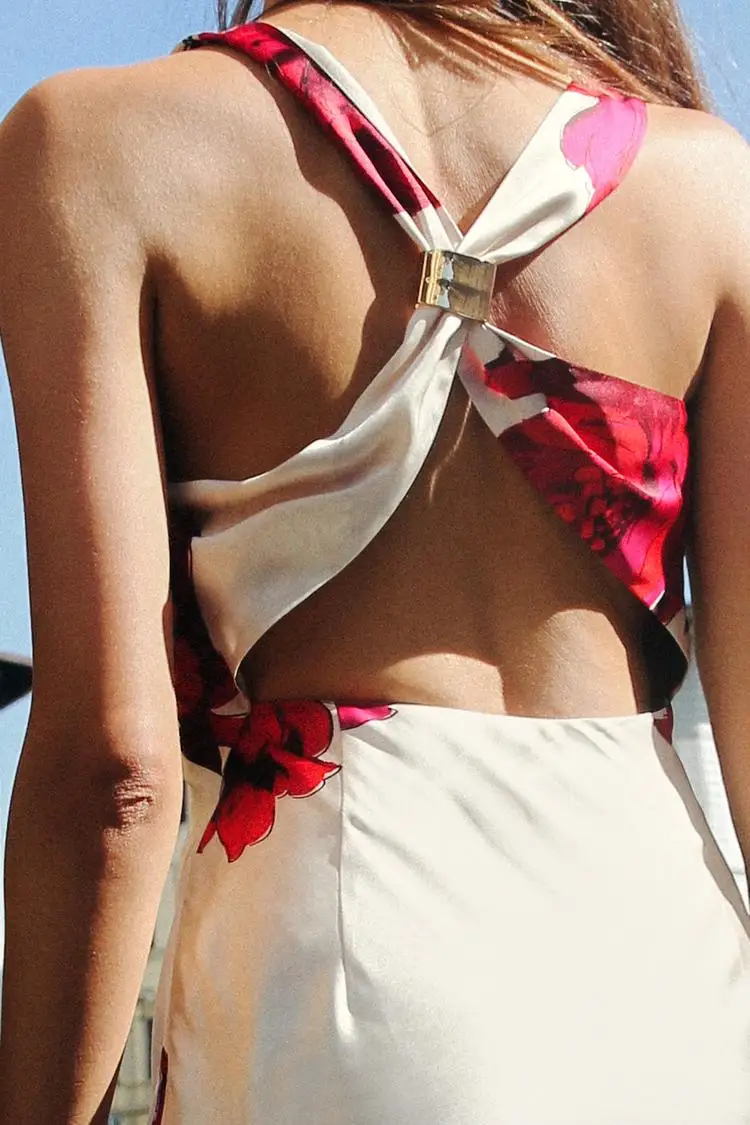 Verão novo feminino dr seda cetim textura floral impressão ba cruz design vestido de noite fibra poliéster 00% casual dres