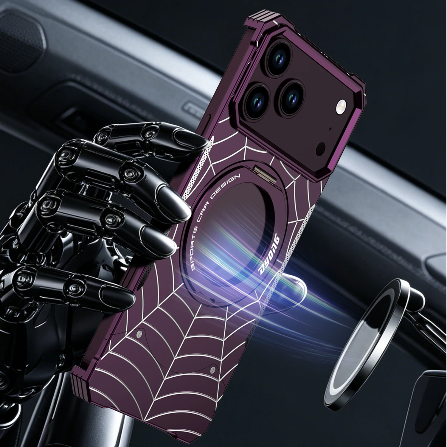 Spider web Aluminum Alloy Phone Case For iPhone 17 18 pro Max Magnetic Rotating Stand Hinge Fully Protection  For Magsafe Cover